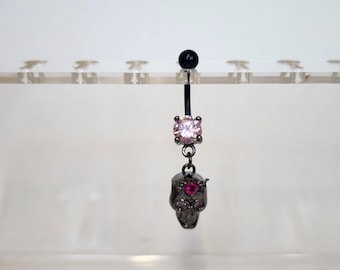 Gioielli per ombelico con teschio rosa e nero, piercing per ombelico femminile con scheletro, Skullette