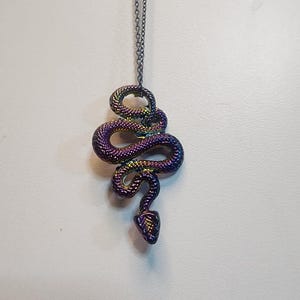 Könnte beinhalten: Eine silberne Kettenkette mit einem regenbogenfarbenen Schlangenanhänger in Lila und Grün.