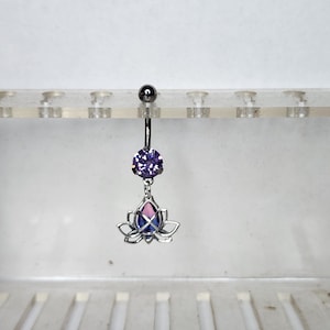 Lavender Lotus Titanium Belly Button Ring, Purple Rose Pink Rhinestone Flower Navel Piercing