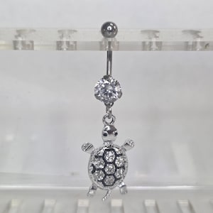 Boho Crystal Turtle Titanium Belly Button Ring, Rhinestone Studded Sparkling Navel Jewelry