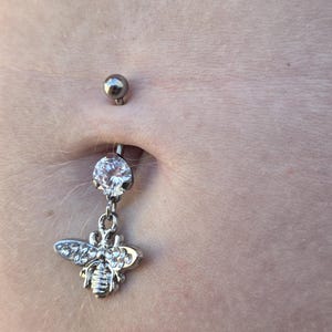 Titanium Bumblebee Belly Button Ring, Silver Dangle Diamond Crystal Gemstone Navel Jewelry