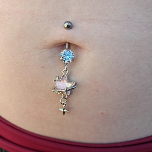 Twinkling Opal Star Navel Piercing, Crescent Moon Planet Belly Button Ring
