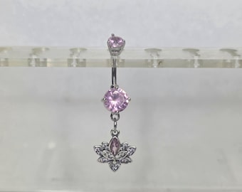 Piercing para el ombligo de titanio con loto rosa de cristal, diseño de flor pastel con diamantes de imitación.