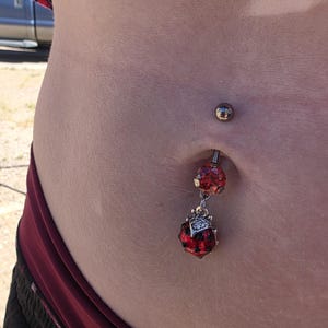 Red Ladybug Titanium Belly Button Ring, Ruby Rose Rhinestone Insect Navel Piercing