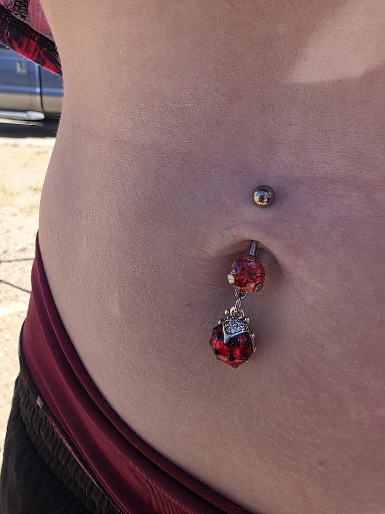 Red Ladybug Titanium Belly Button Ring, Ruby Rose Rhinestone Insect ...