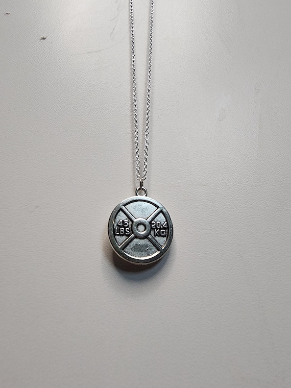 Silver 45lb Plate Necklace, Kettlebell, Dumbbell, Lifting Jewelry