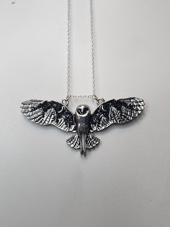 Iridescent or Matte Black Silver Barn Owl Necklace, Wingspan