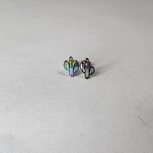 May include: A pair of rainbow iridescent cactus earrings. The earrings are small and delicate, and they would make a great gift for a friend or loved one.