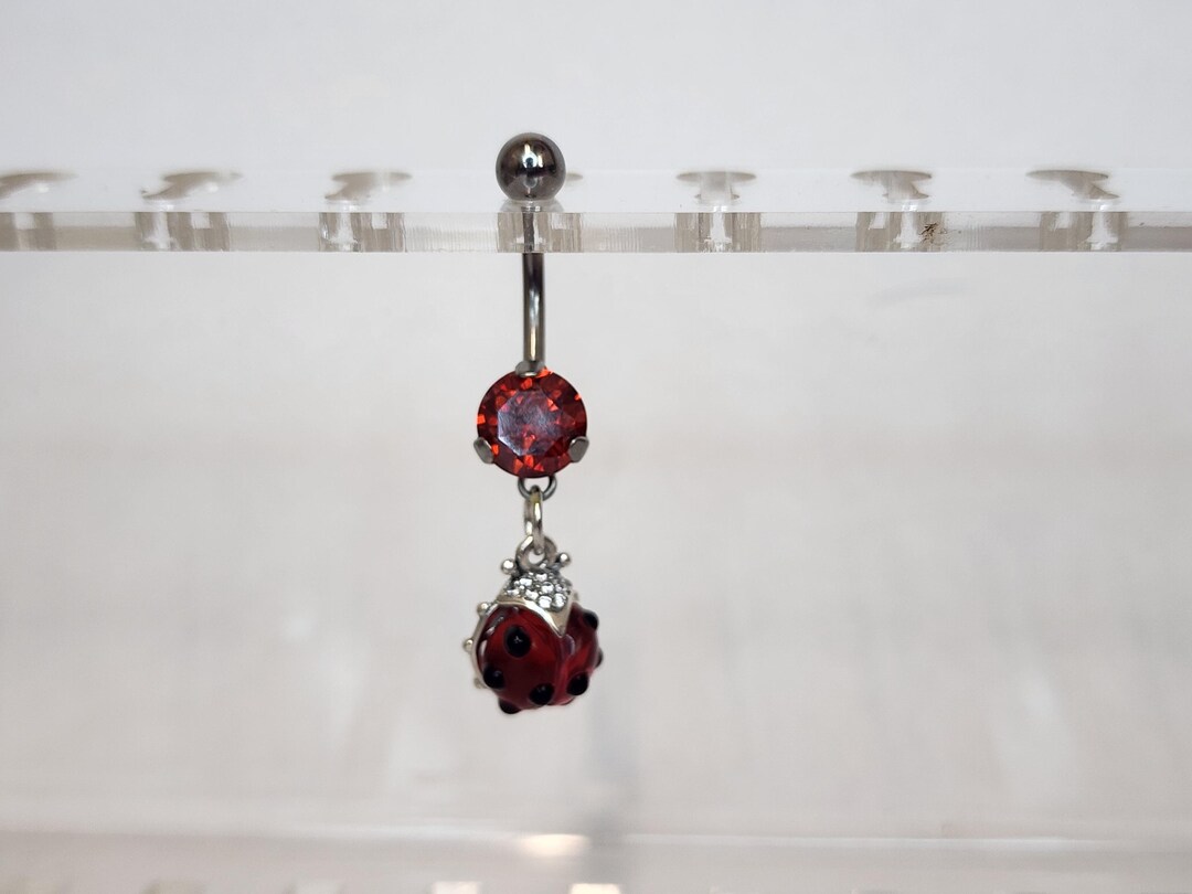 Red Ladybug Titanium Belly Button Ring, Ruby Rose Rhinestone Insect ...