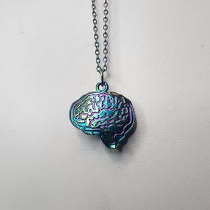 May include: A silver chain necklace with a rainbow iridescent brain pendant.