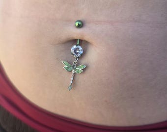Emerald Dragonfly Titanium Belly Button Ring, Metallic Green Insect Navel Jewelry
