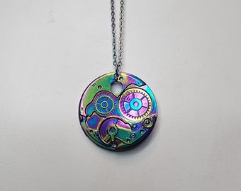 Rainbow or Silver Steampunk Gear Necklace, Mechanical Cogs & Gears