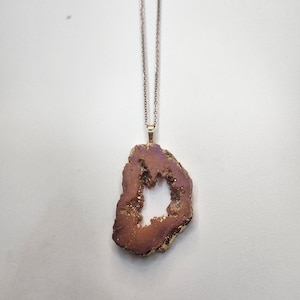 Natural Rose Gold Aura Agate Crystal Druzy Necklace, Raw Stone Titanium Jewelry