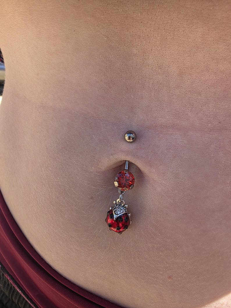 Red Ladybug Titanium Belly Button Ring, Ruby Rose Rhinestone Insect ...