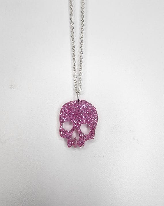 Color Skull Necklace: Glitter Pink, Black, or Purple, Iridescent