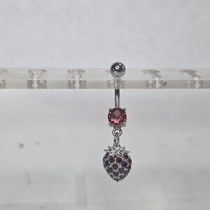 Red Strawberry Titanium Belly Button Ring, Ruby Garnet Rhinestone Fruit Navel Piercing