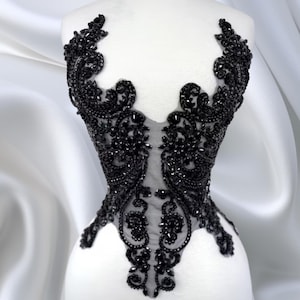 Black Rhinestone Applique Bodice – Small Size Luxury Beaded Lace Patch for Bridal Gowns, Prom Dresses, Evening Wear, DIY Embellishment
