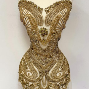 Gold Rhinestone Applique for Dresses – Luxury Beaded Crystal Bodice Patch for Bridal Gowns, Prom, Evening, DIY Sewing, Couture Design