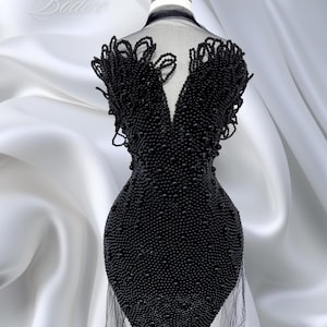 Luxury Black Pearl Applique – Handmade Beaded Bodice Patch with Pearls on Mesh for Wedding Dress, Prom Gown, Couture Sewing DIY