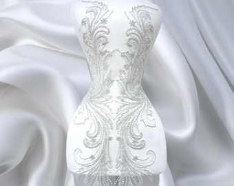Beaded Lace Applique for Prom Dresses – Sequin Christmas Applique on Off White Mesh, DIY Bridal Bodice Patch and Formal Gown Embellishment