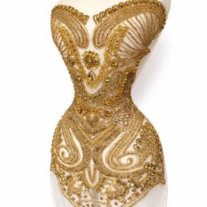 Gold Rhinestone Applique for Dresses – Luxury Beaded Crystal Bodice Patch for Bridal Gowns, Prom, Evening, DIY Sewing, Couture Design