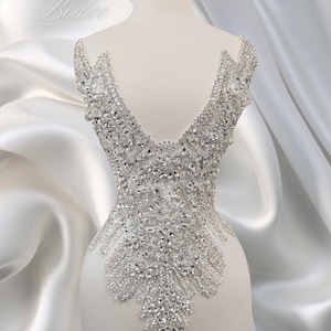 Luxury Rhinestone Applique for Wedding Dress, Silver Crystal Trim for Bridal Gown, Sparkly Bodice Embellishment, Prom Dress Applique