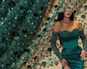 Hunter Green Sequin Lace Fabric by the Yard – Luxury Beaded Mesh with Pearls, Sequins for Wedding Dresses, Prom Gowns and Christmas Fashion