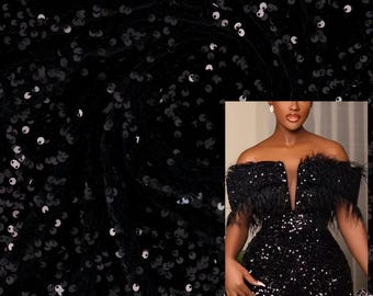 Black Velvet Sequin Fabric: 2-Way Stretch Polyester Spandex Blend