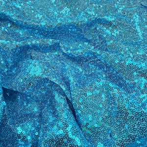 Turquoise Sequin Fabric by the Yard – 3mm Iridescent Mesh for Prom Dress, Pageant Gown, Dance Costume, Sparkly Couture Fabric