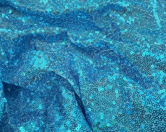Turquoise Sequin Fabric by the Yard – 3mm Iridescent Mesh for Prom Dress, Pageant Gown, Dance Costume, Sparkly Couture Fabric