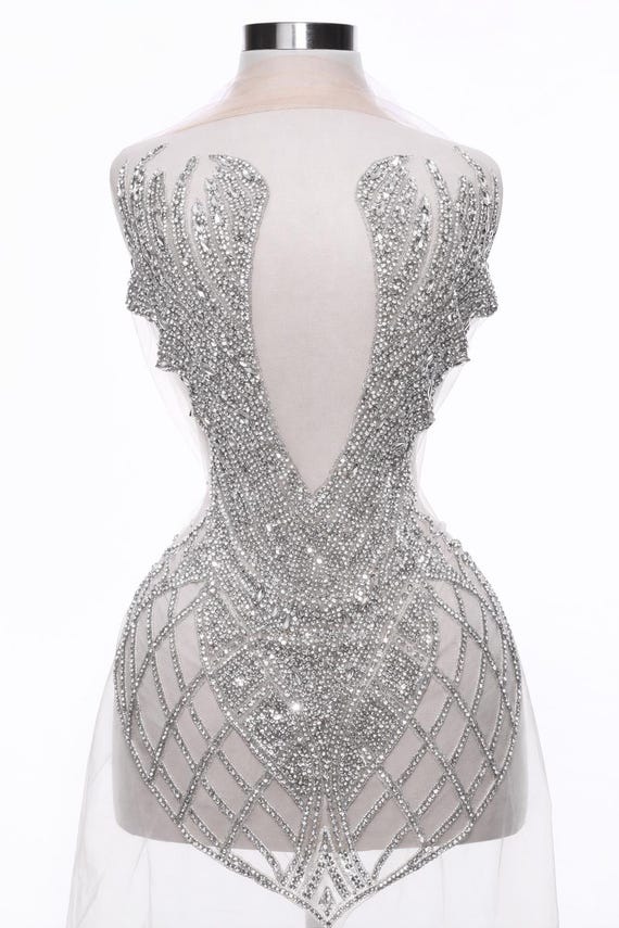 silver applique dress Silver Rhinestone Applique for Couture, Crystal Bead Bodice Patch, Hand Crafted Rhinestone Bead Applique for Prom Dress