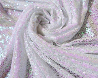 Iridescent White Unicorn Sequins Fabric: Glitter Mesh, DIY Sewing