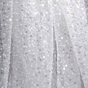 White Beaded Sequin Fabric by the Yard – Heavy Beaded Mesh with Pearls & Sequins for Bridal Gowns, Prom Dresses, Christmas Outfits and Decor