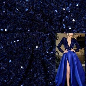 Dark Blue Sequin Fabric, Velvet Sequin Fabric by the Yard, Luxury Fabrics for Dresses, Stretch Velvet Fabric, Fashion Fabric