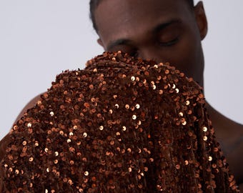 Brown Sequin Stretch Velvet Fabric: Bridal Gown Material By The Yard