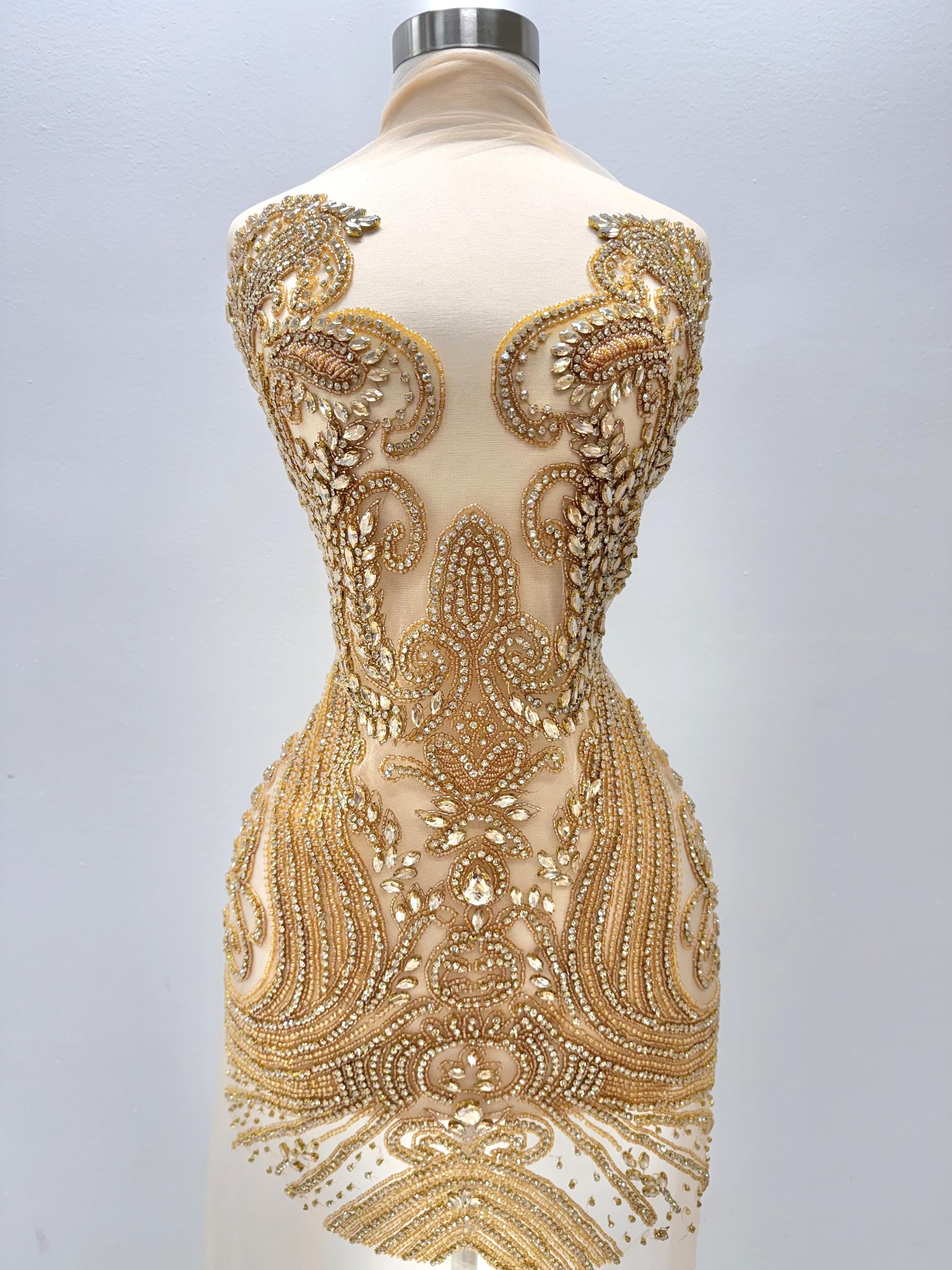 Champagne Rhinestone Micro Champagne Rhinestone Applique – Crystal Bodice Trim for Wedding Dress ...