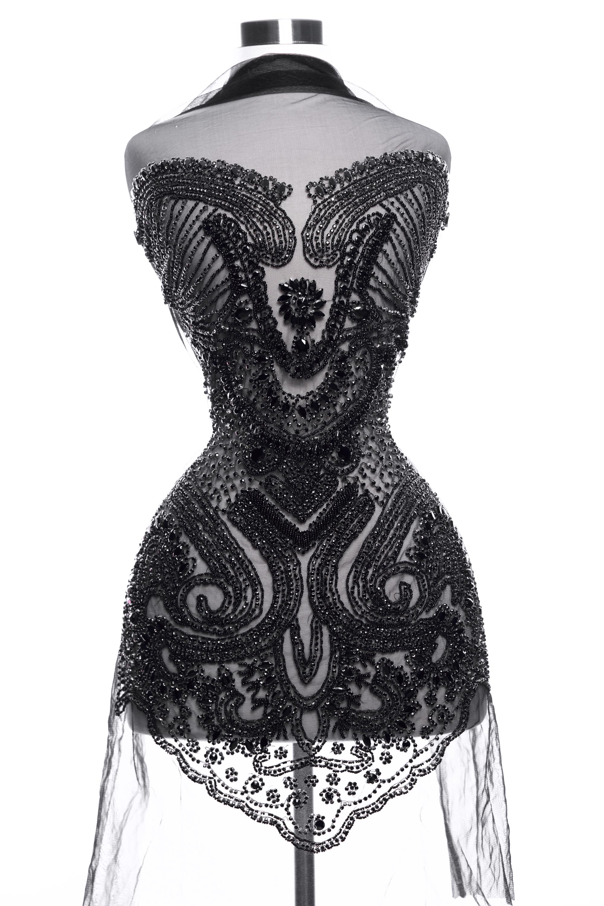 Black Crystal Rhinestone Applique – Luxury Beaded Bodice Embellishment for Bridal Gowns, Prom Dresses, Handmade Mesh Patch for DIY Couture