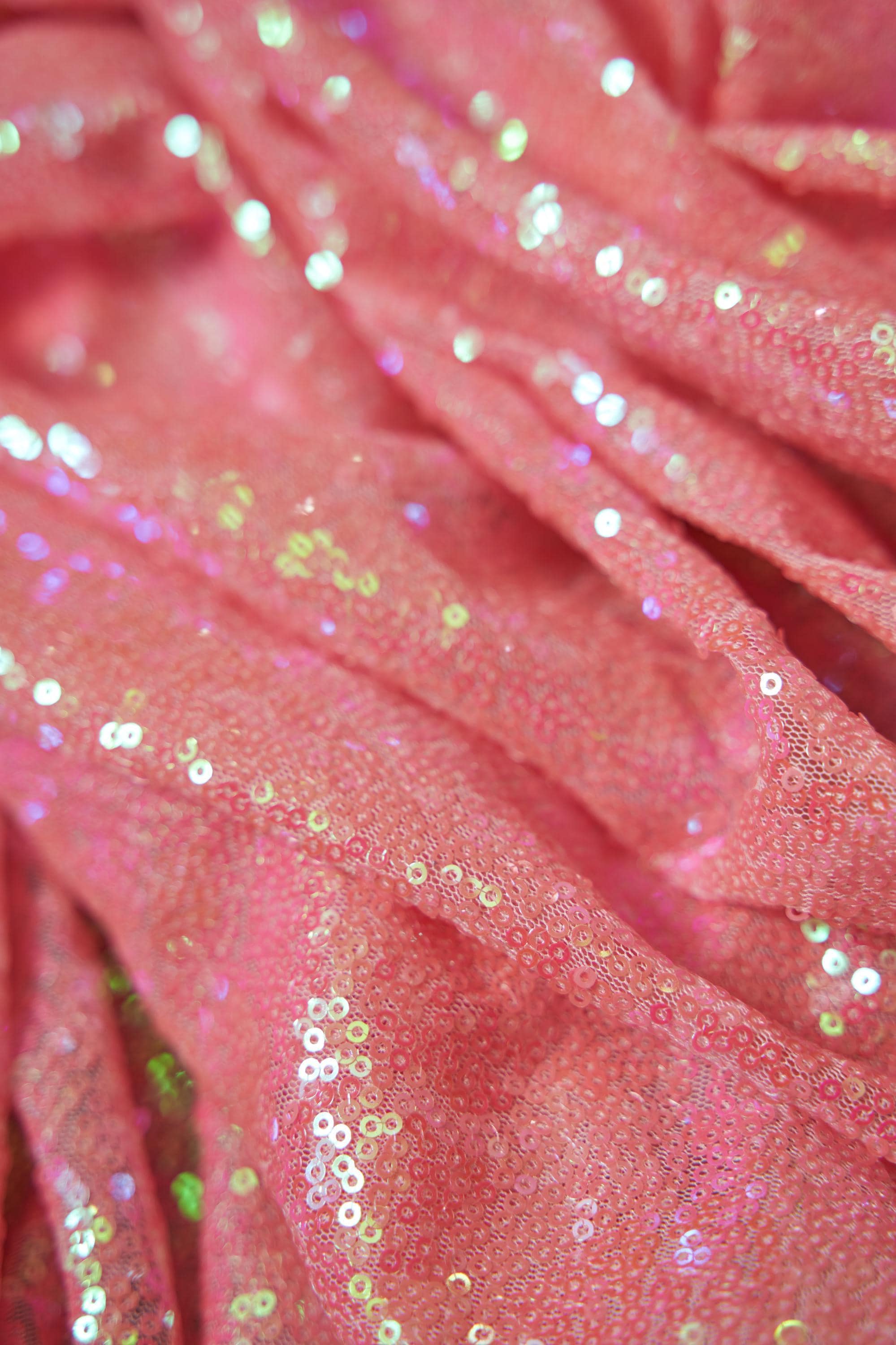Iridescent Coral Sequin Fabric: 2-Way Stretch Mesh, 3mm Sequins