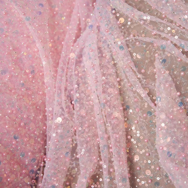 Baby Pink Sequin Lace Fabric by the Yard – Luxury Beaded Mesh with Pearls for Bridal Dresses, Prom Gowns, Kids Couture and Christmas Fashion