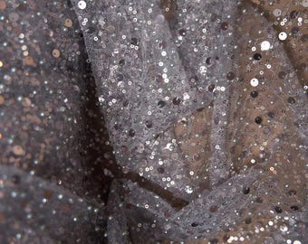 Silver Beaded Mesh Christmas Fabric by the Yard – Embroidered Pearls and Sequin Fabric for Holiday Dresses, Party Gowns, Wedding and Decor
