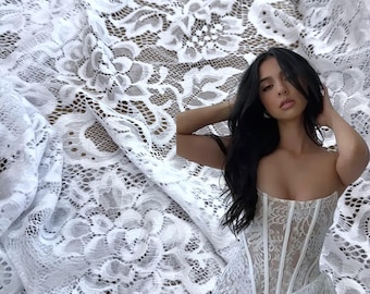 White Floral Stretch Lace Fabric - Bridal, Lingerie, DIY Sewing