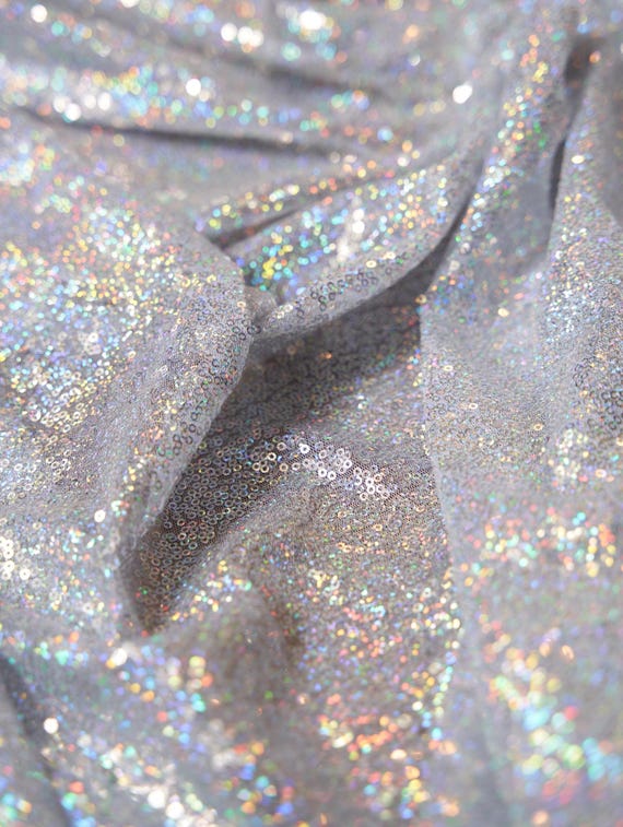 Silver Sequin Fabric by the Yard – 3mm Holographic Mesh for Prom Dress, Ice Skating Costume, Pageant Gown