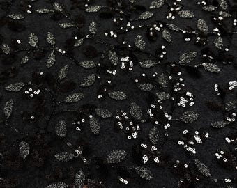 Black Sequin Lace Fabric with Silver Leaf Embroidery – Mesh Tulle for Evening Gowns, Dresses, Prom & Luxury Sewing Projects