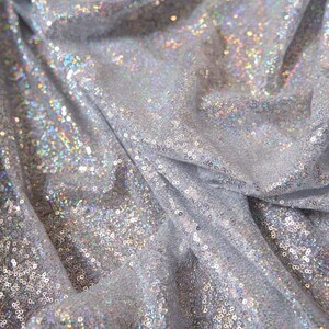 Silver Sequin Fabric by the Yard – 3mm Holographic Mesh for Prom Dress, Ice Skating Costume, Pageant Gown