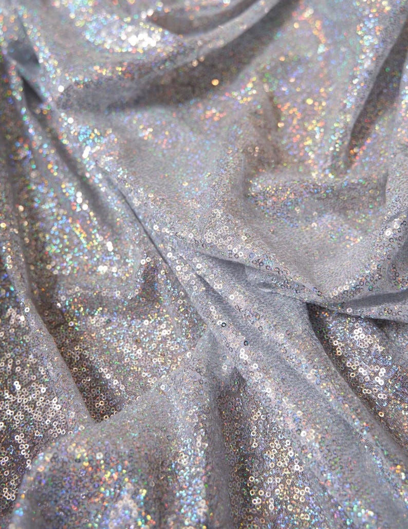 Silver Sequin Fabric by the Yard – 3mm Holographic Mesh for Prom Dress, Ice Skating Costume, Pageant Gown