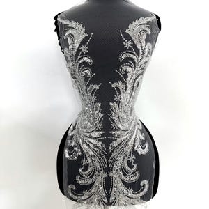 Silvery Beaded Lace Appliqué for Wedding Dress, Sequin Embroidered Bodice Patch on White Mesh, Bridal Gown Lace, Prom Dress Applique