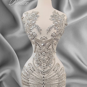 Rhinestone Applique for Wedding Dress, Silver Crystal Trim for Bridal Gown, Sparkly Bodice Embellishment, Prom Dress Applique