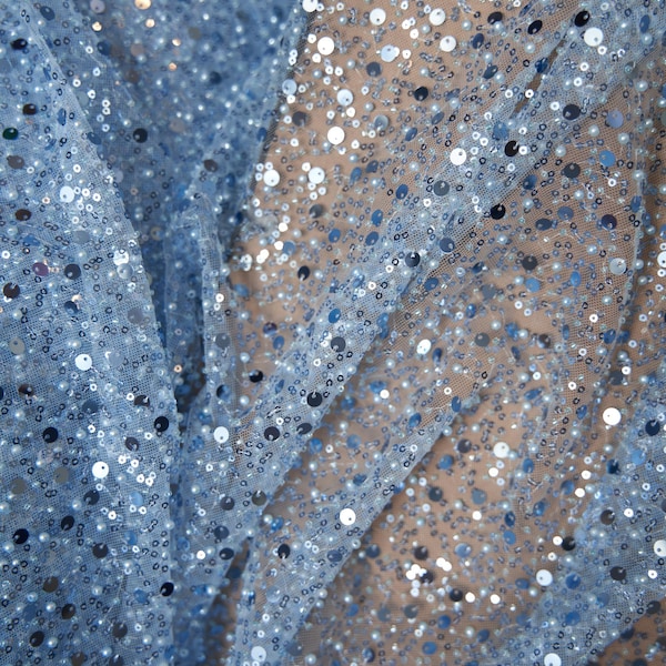 Blue Beads Pearls Sequins Lace Fabric, Heavy Sequin on Mesh Fabric By The Yard for Woman, Prom Dress, Kids Clothes, Decor, Gowns, Bridal