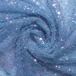 Blue Iridescent Beaded Embroidery Lace Fabric for Wedding Dresses Custom Gowns and Veils Luxury Wedding Fabric for Bridal Couture