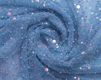 Blue Iridescent Beaded Embroidery Lace Fabric for Wedding Dresses Custom Gowns and Veils Luxury Wedding Fabric for Bridal Couture
